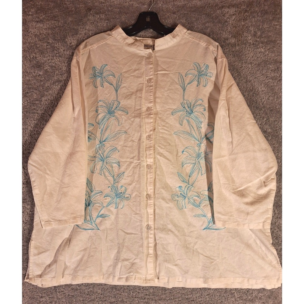 ERIKA Womens 3X Linen Cotton Embroidered Floral Button Down Blouse Cream Blue